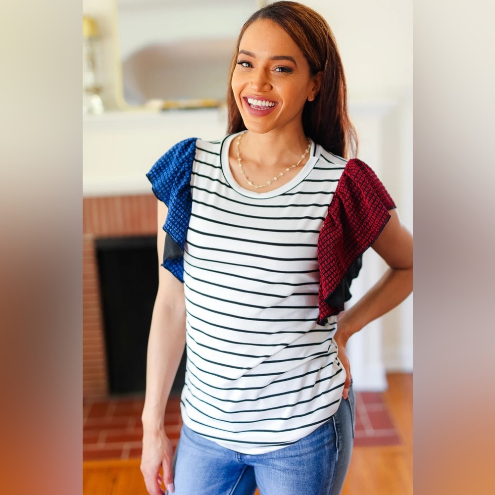 Glam It Up Red & Blue Glitter Flutter Sleeve Striped Top